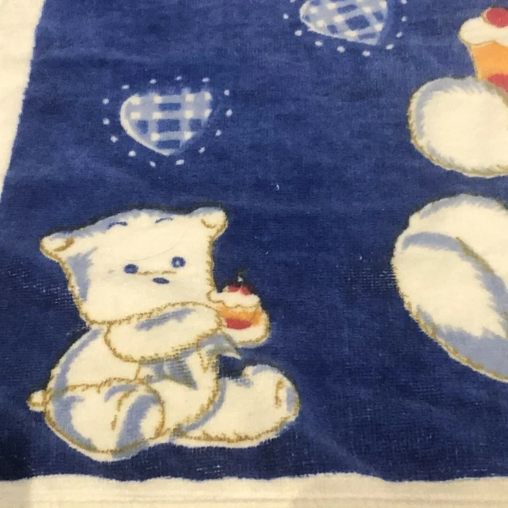 Vintage Japanese Haosheng Teddy Bear Eating Dessert Blue And White Kid’s Towel